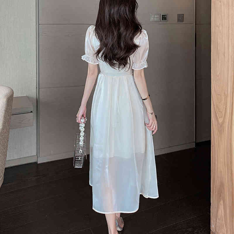 Summer Dresses Sweet Square Collar Flare Sleeve Dress Women High Waist Short Sleeve Midi Long Dresses Spring Robe 14088 210519