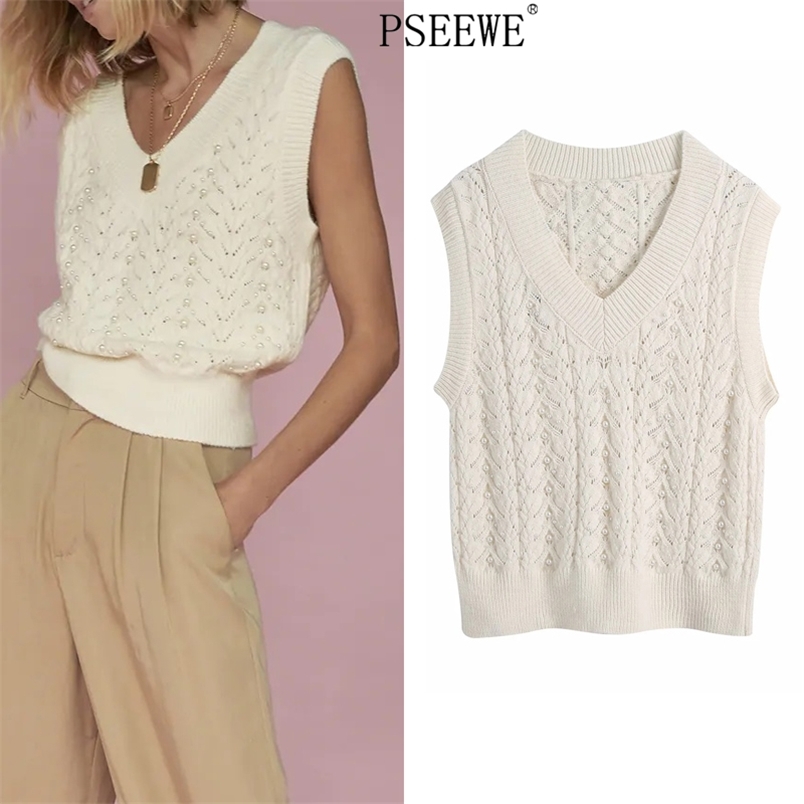 Beige Faux Pearl Knitting Vest Woman Winter Cropped V Neck Sleeveless Sweater Women Rib Cable Knit 210519
Beige Faux Pearl Knitting Vest Woman Winter Cropped V Neck Sleeveless Sweater Women Rib Cable Knit 210519