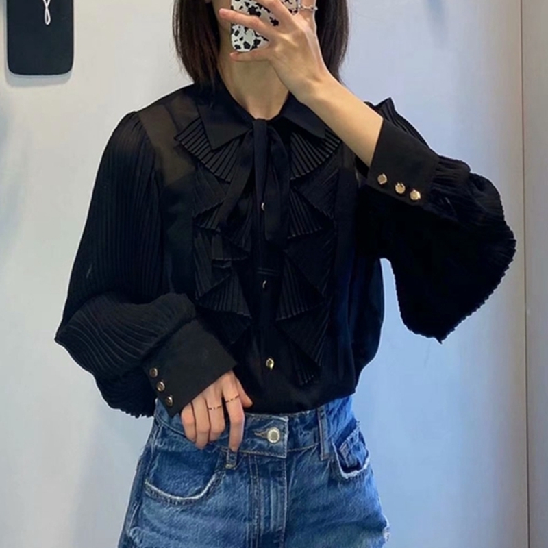 Elegant Women Chiffon Pleated Shirts Fashion Ladies Lantern Sleeve Tops Sweet Female Chic Bow Cascading Ruffles Blouse 210430