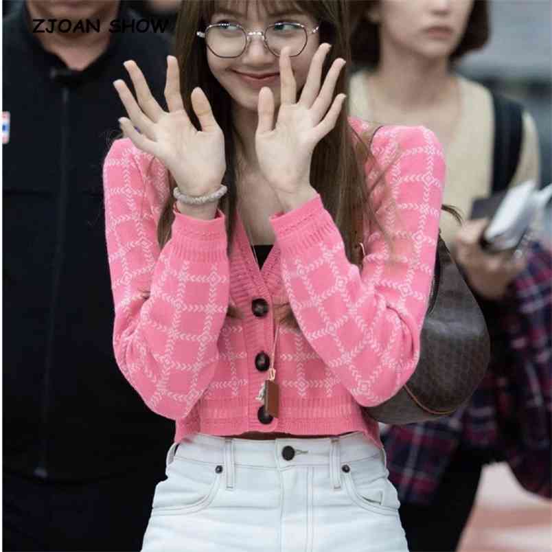 Autumn Vintage Pink Plaid Single Breasted Button Cardigan Sweater Woman V-neck Long Sleeve Jumper Knitwear 210429