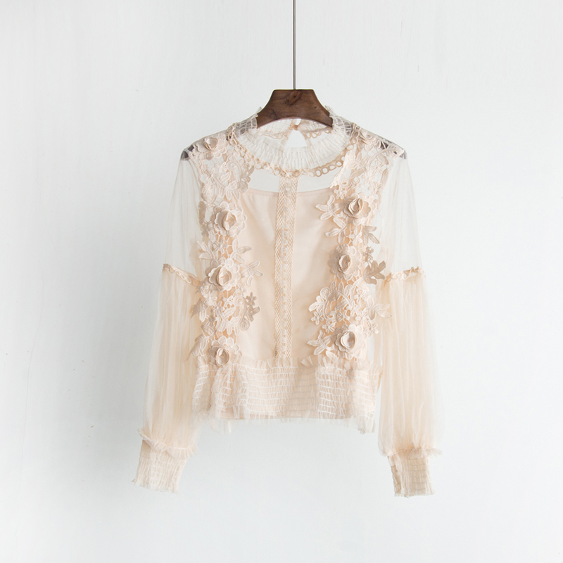 Sweet Retro Stand Lantern Sleeve Blouse Women Slim Appliques Mesh Tops Three-dimensional Flowers Lace Shirts Blusas Mujer 210429