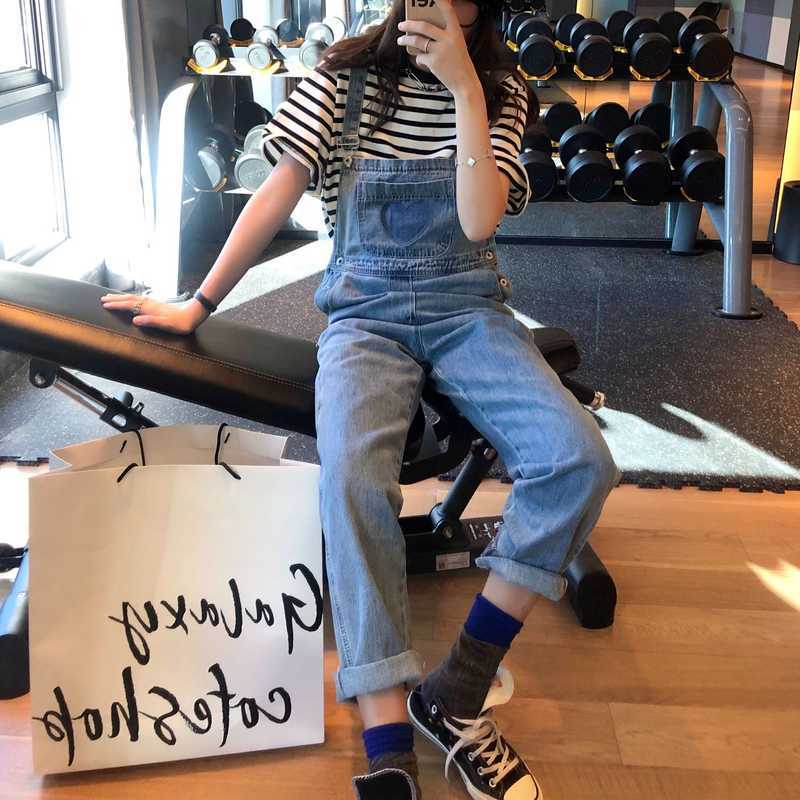 Kawaii Solid Loose Casual Denim Overalls Korean Spring Long Pants Women Heart Print Sweet Preppy Style Trousers 13A274 210525