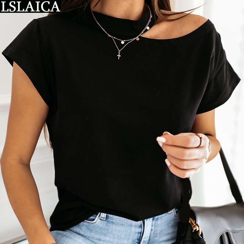 tshirt short sleeve solid color loose stand collar summer women clothes polyester casual off the shoulder woman top crop 210520
