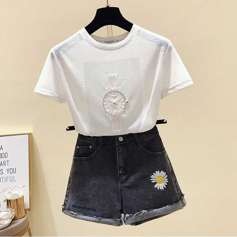 gkfnmt T Shirt Women 2021 Summer Tops Beading T-Shirt Female Short Sleeve Korean Fashion Tshirt Woman Clothes Tee Shirt Femme X0628