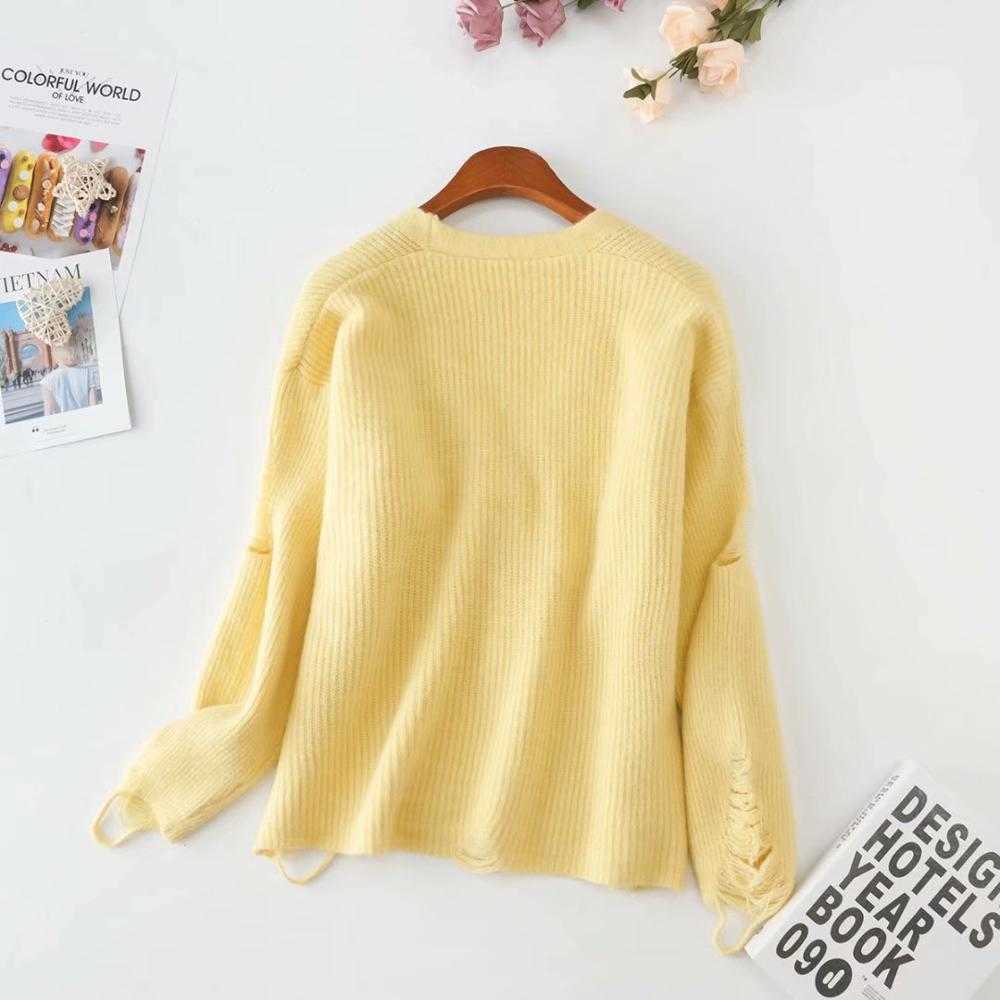 H.SA Fall Fashion Sweater and Cardigans V neck Broken Hole Chic Kitting Jumpers Yellow Cute Cardigan Sweater mujer 210716