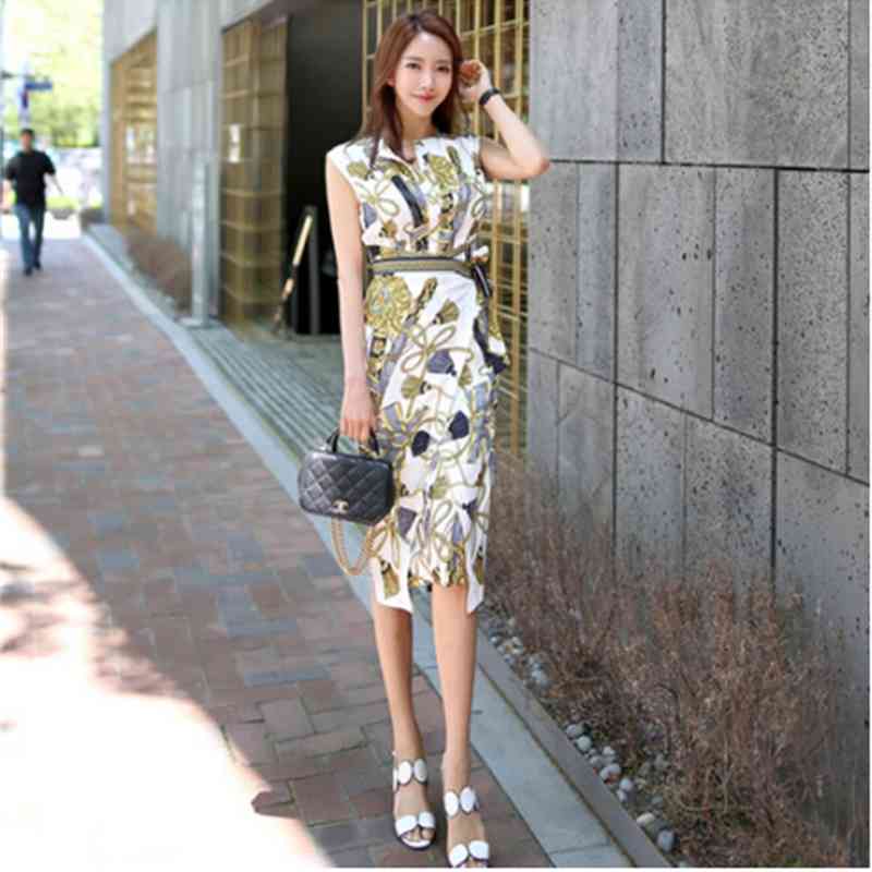 Korean Chic Summer Dress Womens Elegant Slim Work Wear Office Business Printing Casual Bodycon Dresses Vestidos 210520