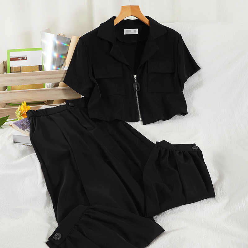 DEAT Women Notched Neck Zipper Long Pants Arrivals Two Piece Set Fashion Temperament Spring Summer 11D844 210709