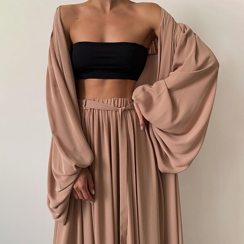 VGH Casual Three Piece Set For Women Short Vest Lantern Long Sleeve Coat High Waist Wide Leg Pants Sexy Sets Female Fashion 210421