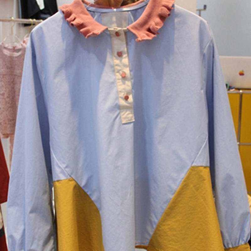 Nomikuma Blusas Mujer De Moda Spring Contrast Color Peter Pan Collar Shirt Causal Puff Long Sleeve Blouses Women Tops 6F528 210427