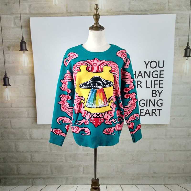 Women Vintage Warm Thicken Sweaters UFO Clouds Jacquard Pullovers Winter Autumn Knitted Retro Loose Tops Blusas C-012 210918