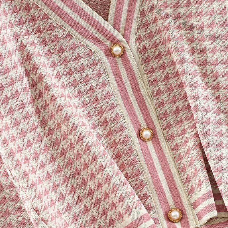 Korean Chic Houndstooth Knit Suit Women Fashion Loose Knitted Cardigan Tops + Spliced Wide-Leg Pants Two Piece Set Casual Outfit Women's Tra