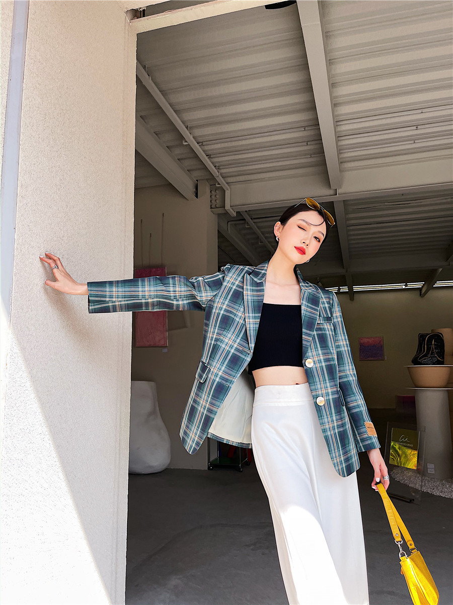 British Style Plaid Green Blazer Women Fashion Jacket Patch Ladies Suit Tailored Coat Spring 210427