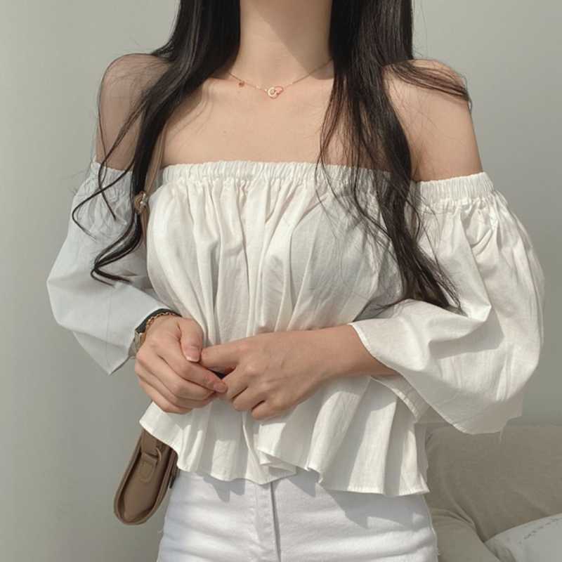 Korejpaa Women Shirt Summer Korean Chic Sexy Feminine One-Line Neck Strapless Pleated Loose Wild Trumpet Sleeve Blouses 210526