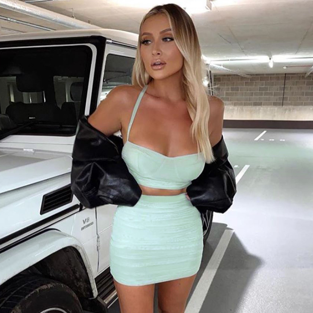 Summer Women Green Mesh 2 Two Pieces Sets Spaghetti Strap Sleeveless Tops& Mini Skirts Celebrity Runway Party Set 210423