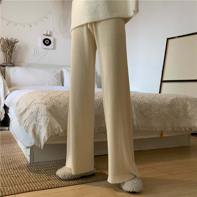 Nomikuma Women Knitted Wide Leg Pants Korean Solid Causal Long Trousers Lace Up Stretch High Waist Sweater Pants Feminimos 6D027 210427