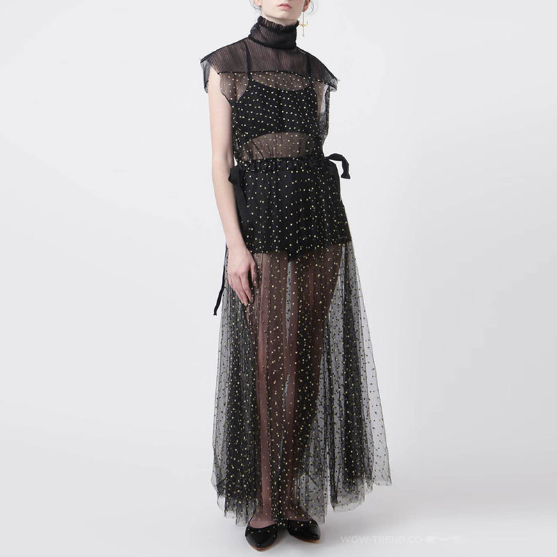 Free Sheer Dress Women's High Neck Sleeveless Mesh Polka Dot Long & Camisole Shorts Sexy 3-Piece Set 210524