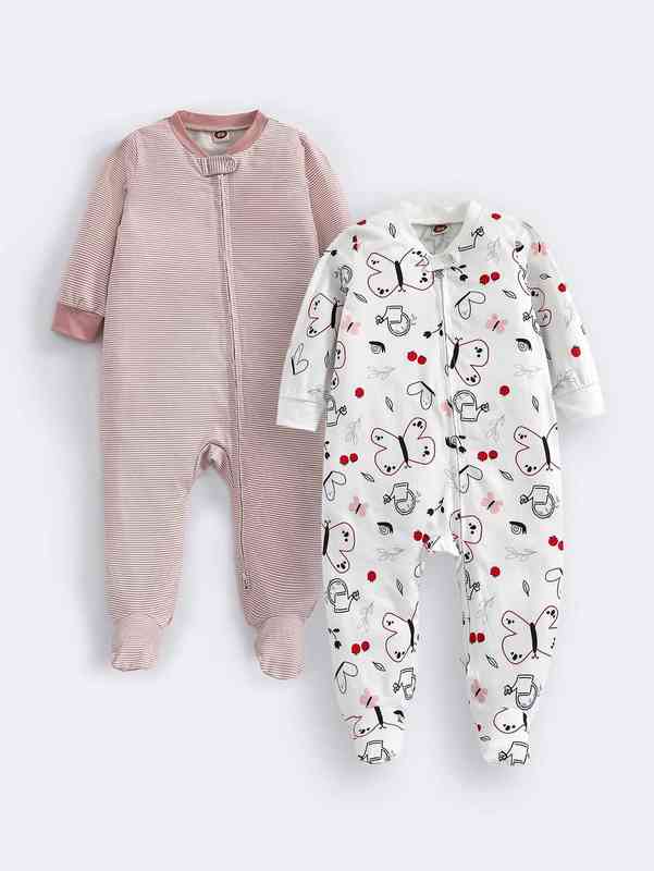 Baby 2pcs Striped And Cartoon Print Zipper Up Sleepsuit SHE