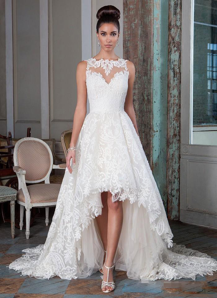 2021 A e Illusion Bodice Wedding Dresses Hi-Lo Bridal Gowns Plus Size Sleeveless Lace Appliques Coverd Button Vestios De Novia