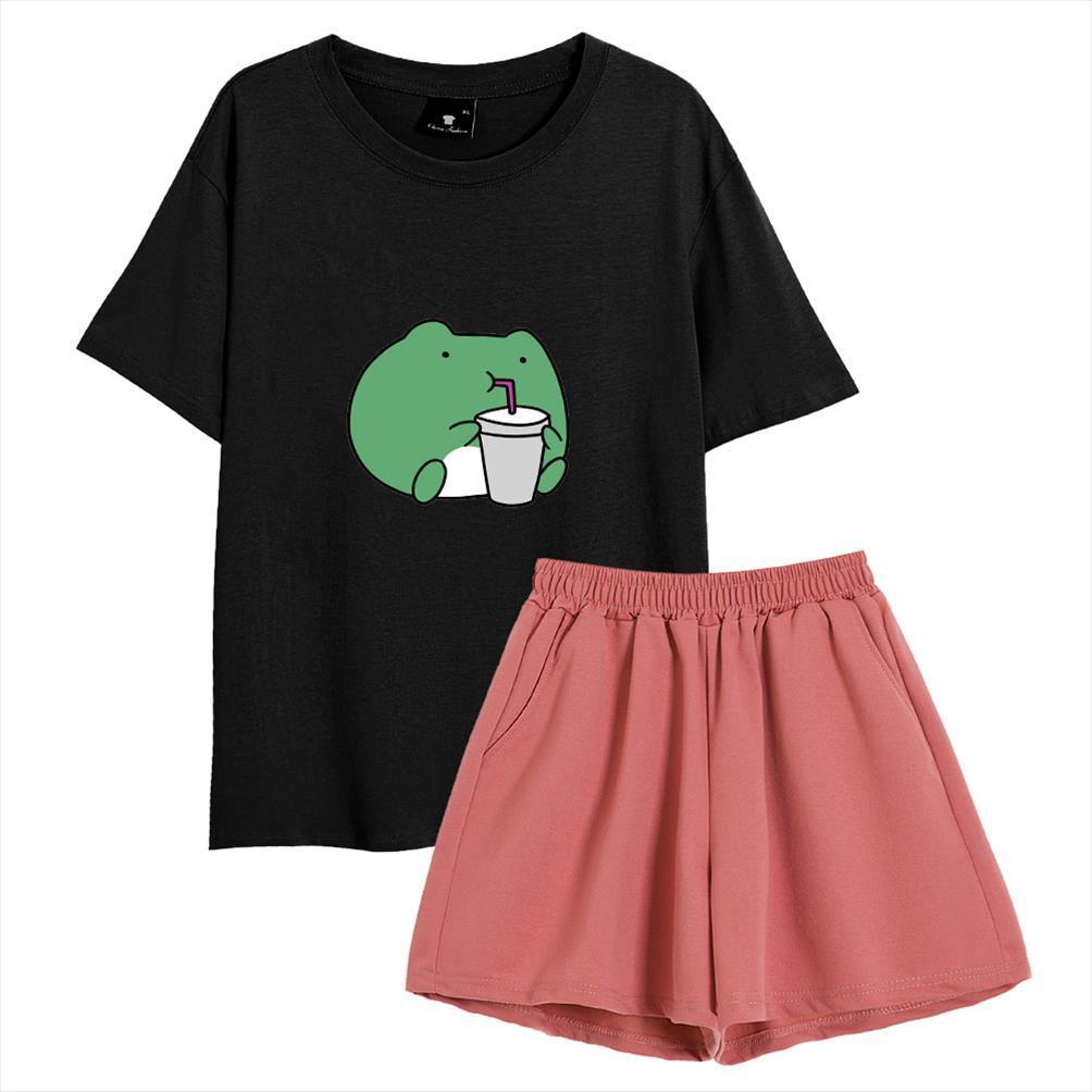 short sleeve cotton sweet women sleepwear frog oversized night suits casual pullover girls pajama indoors and outdoors pj set, Black;red
short sleeve cotton sweet women sleepwear frog oversized night suits casual pullover girls pajama indoors and outdoors pj set, Black;red