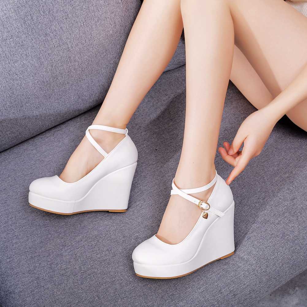 Crystal Queen White Platform Wedges Pumps Women High Heels Shoes Round Toe Cross Ankle-Strap Large Sizes 210910
