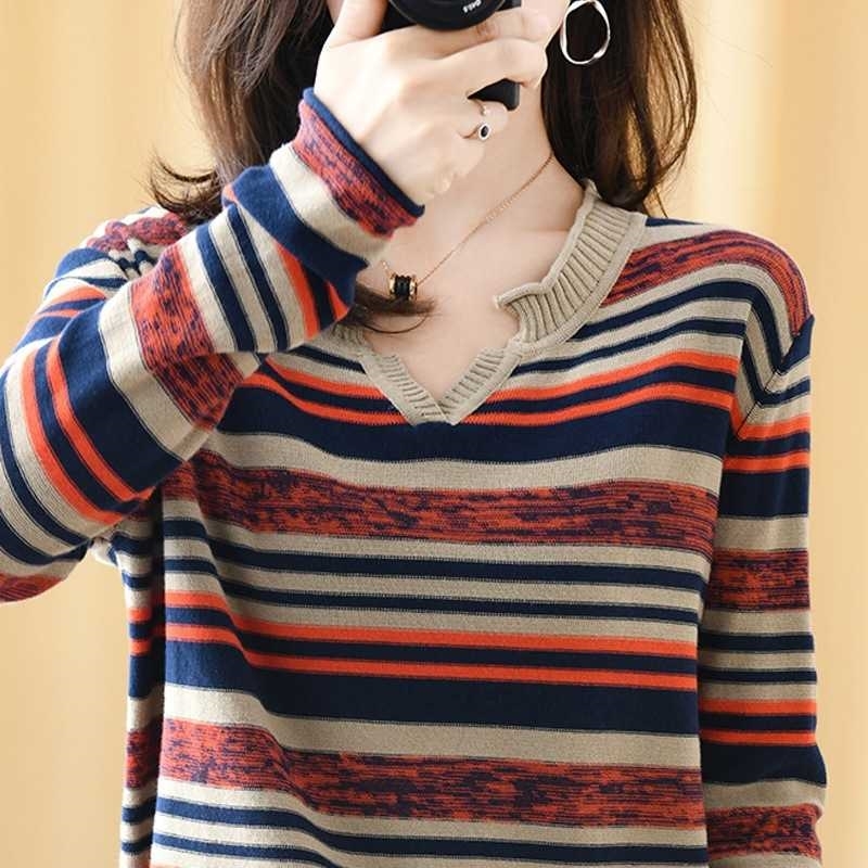 Pull femme Loose stripe Sweater pullovers Autumn Winter Korean Pullover casual knitted ladies sweater womens jumper 211123wtt