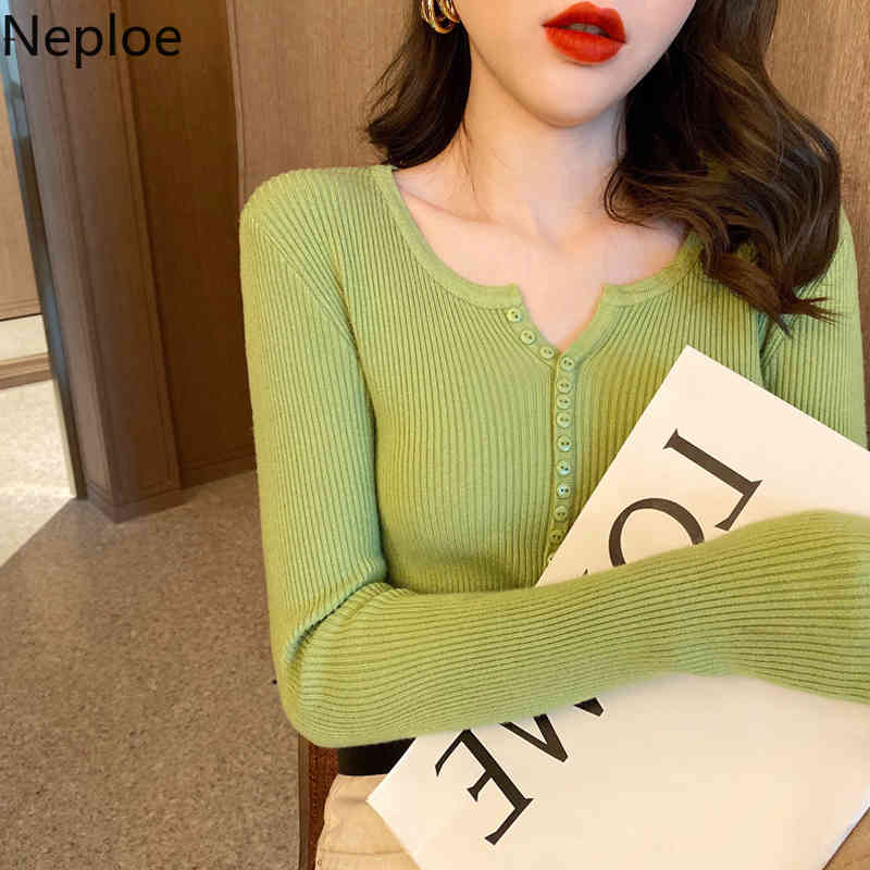 Neploe V Neck Sweater for Women Fashion Korean Slim Tops Long Sleeve Knitted Pullovers Elegant Lady Sweaters Knitwear Fall 210422
