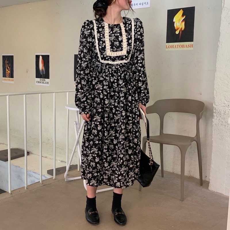 Comelsexy Women French Retro Dress O-Neck Printing Lace Loose Gentle Full Sleeves Elegant Long Chic Female Fashion Clothe 210515