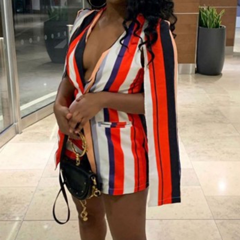 Striped Print OL Blazer Tops Women Full Sleeve Scarf Collar Slim Blazers (Without Shorts) 211104