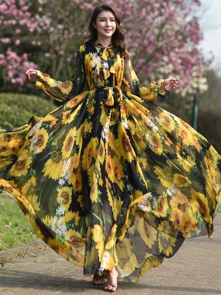 summer maxi dress sun flower printed chiffon loose plus size long party lacr up bow collar beach es vestidos 210421