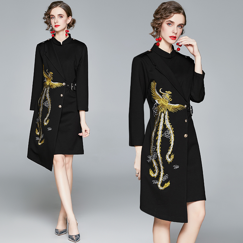 Fashion Women Elegant Phoenix Embroidered Dress Black Retro Robe Female Bodycon Pencil Asymmetrical Dresses Vestidos 210525