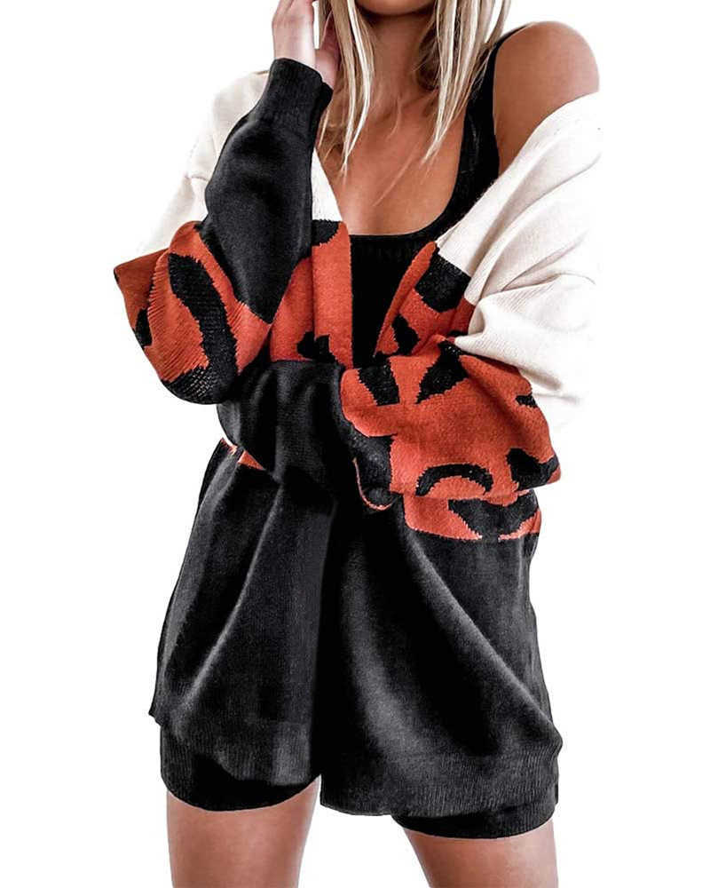 Winter Cardigan For Womens Long Sleeve V-neck Striped Loose Sweater Ladies Medium Length Leopard Patchwork Knitted Mujer 210604