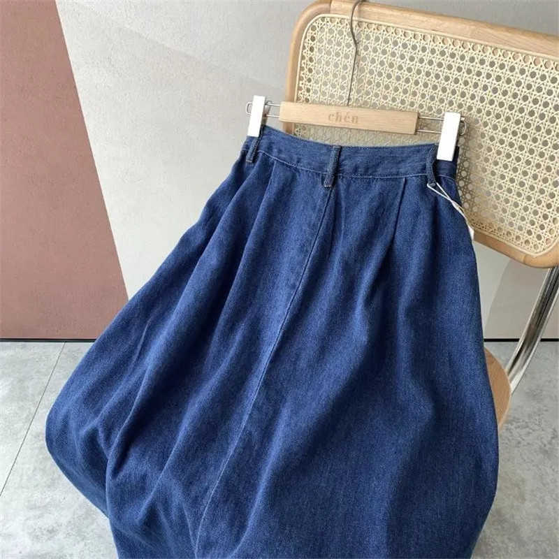 Classic Blue Summer Denim Skirts Womens Pleated Midi Long Jeans Skirt Vintage Sweet Solid Casual Button Loose Party Long Skirt 210619wtt