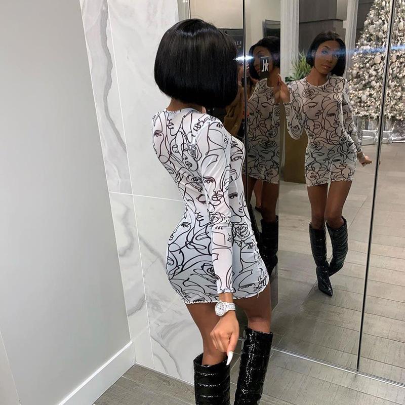 Print See-through Mesh Cloth Summmer Dress 2021 Slim Fit Bodycon Long Sleeve O-Neck Women Dresses Vestidos Mujer Casual