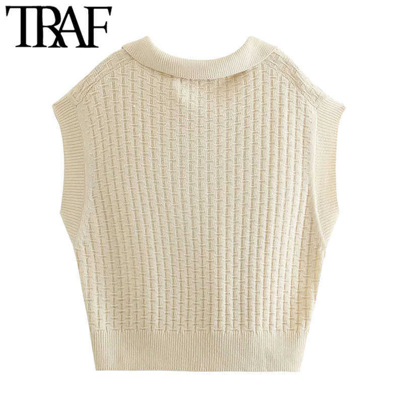 TRAF Women Fashion Oversized Knitted Vest Sweater Vintage Lapel Collar Sleeveless Female Waistcoat Chic Tops 210819