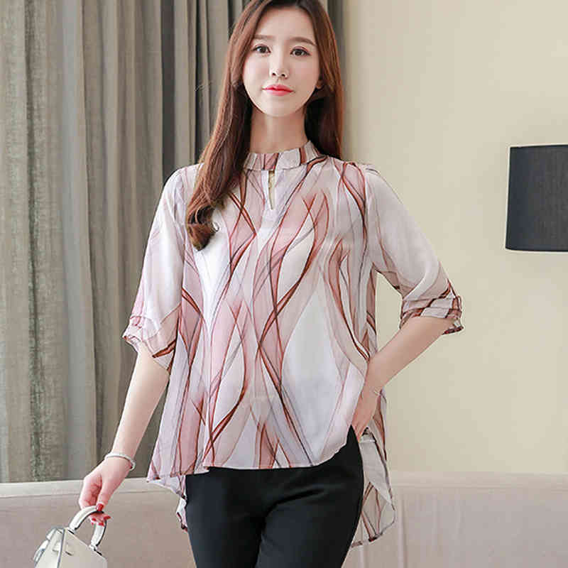 Summer Office Lady Top and Blouse Elegant Printed Stand Collar Short Sleeve Silk Tops Chemisier Femme 10071 210427