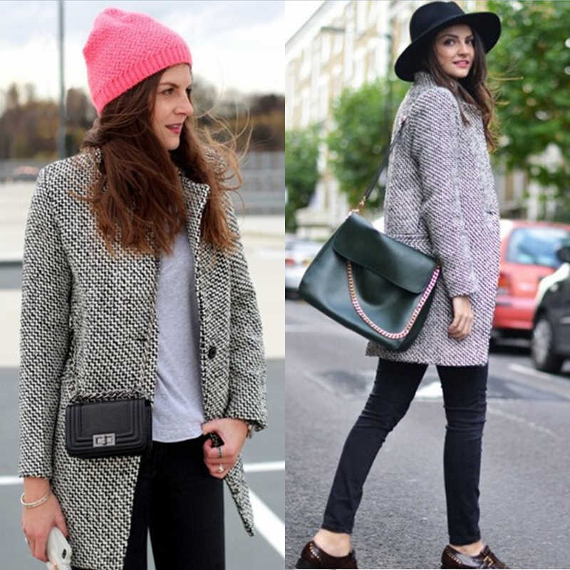 Spring Autumn Women's Houndstooth Trench Coat Elegant Outerwear for Women Turndown Collar Gray Femme Winter 210820