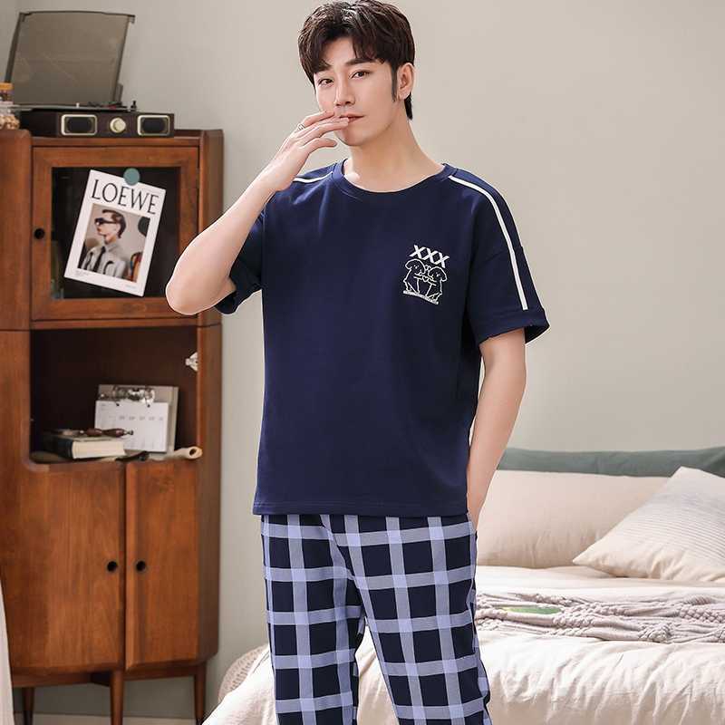 Plus Size Cotton Casual Plaid Short Sleeve Long Pants Pajama Set for Men korean Sleepwear Suit Pyjama Male Homewear Home Clothes 210812