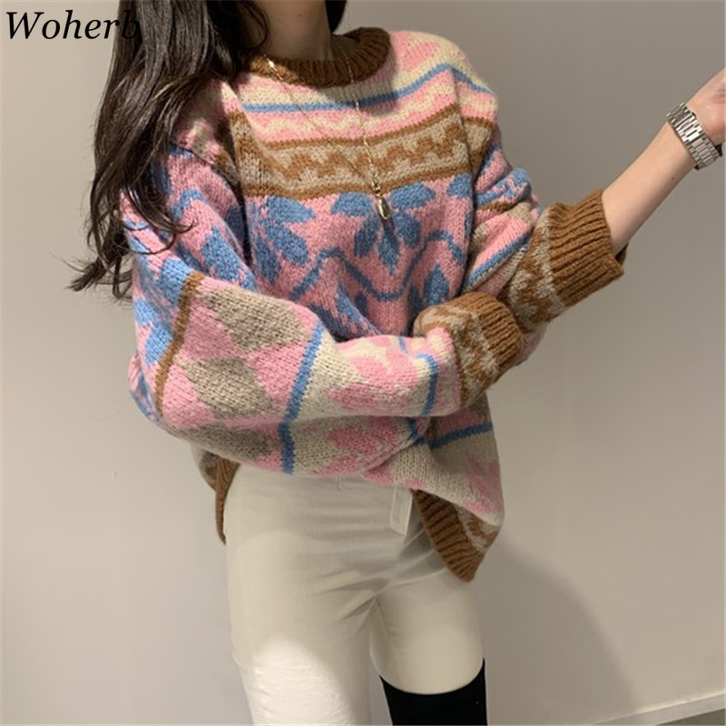 Knitted Pullovers Oversized Outwear Fall Woman Clothes Vintage Sweet Argyle Jumper Korean Fashion Female Sweaters 210422