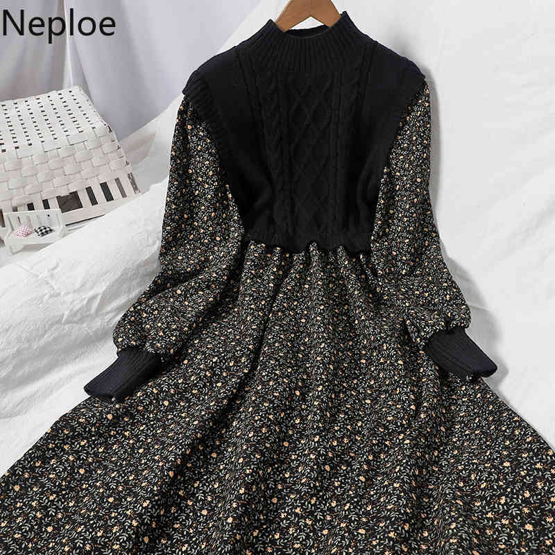 Neploe Patchwork Knitted Crobbed Dresses for Women Temperament Corduroy Floral Vestidos Lace Up Robe Korean Dress Female 210422