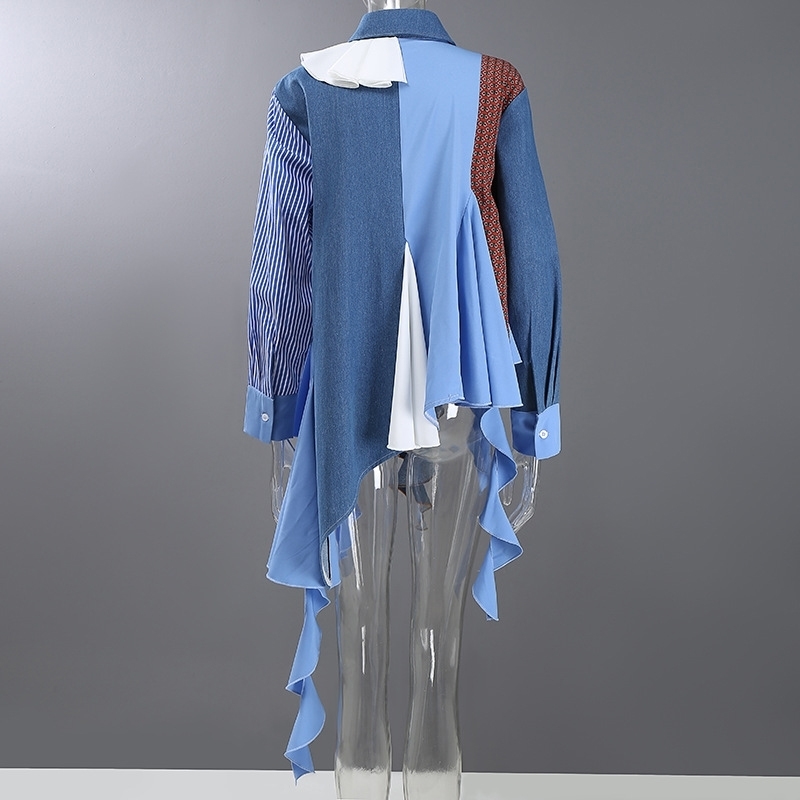 Patchwork Striped Vintage Print Shirt For Women Lapel Collar Ruched Tassel Korean Spring Shirts Emale Fashion 210524