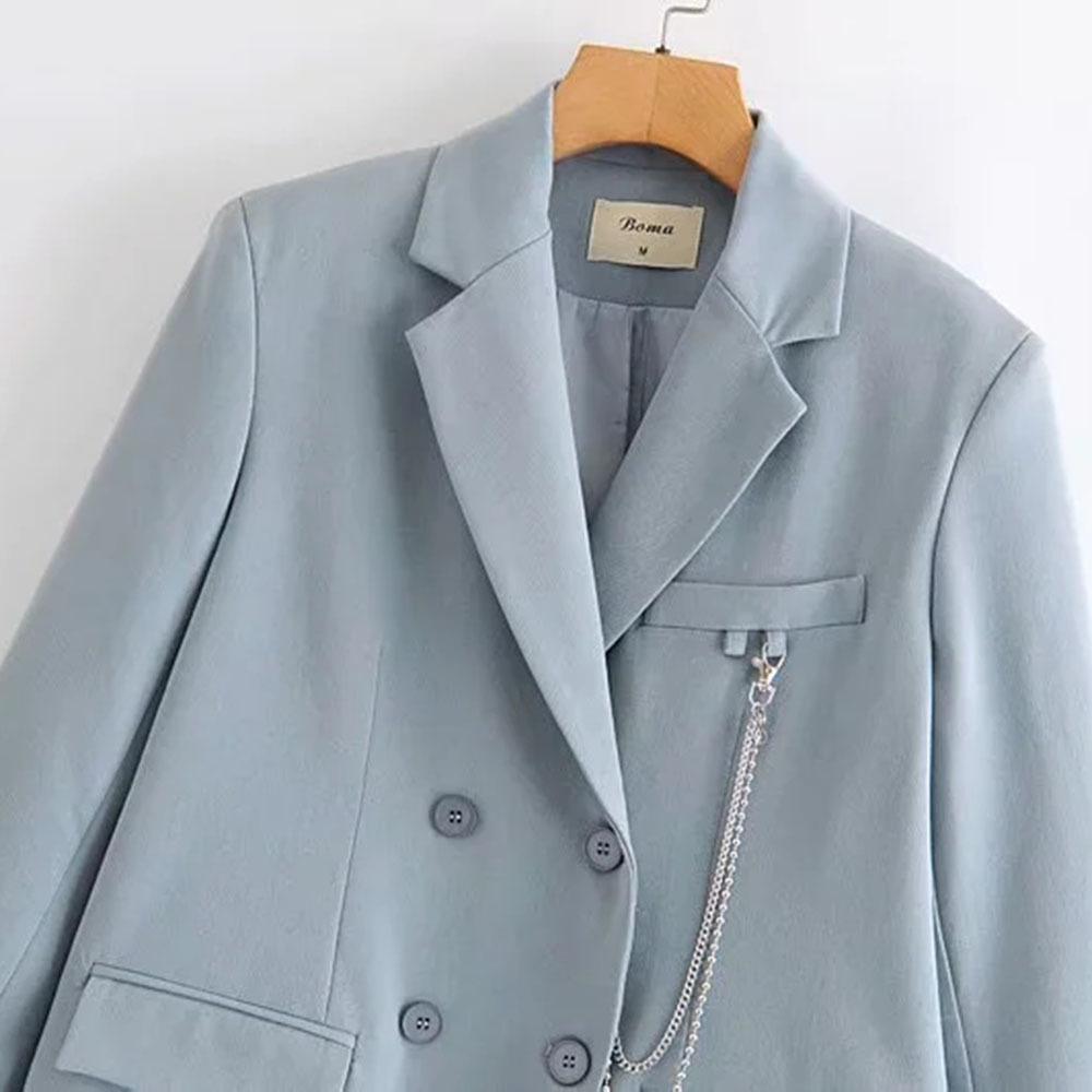 Women Elegant Blazer Chain Decorate Long Sleeve Double Breasted Coat Office Work Suit Jacket Outerwear 210520