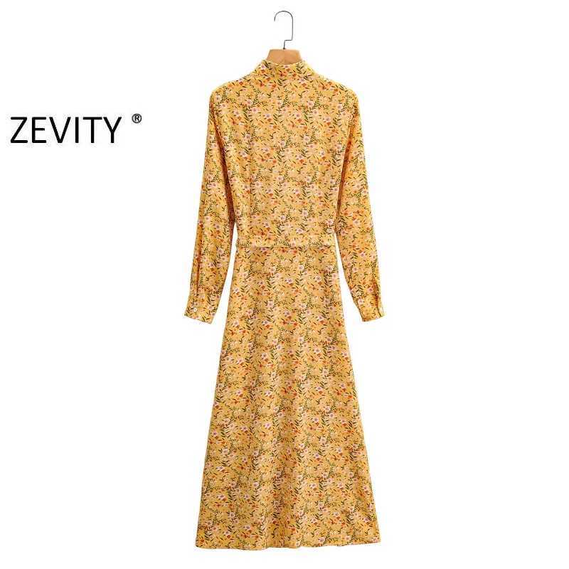 Zevity women vintage floral print casual sashes shirt dress chic office lady long sleeve zipper vestido party dresses DS4166 210603