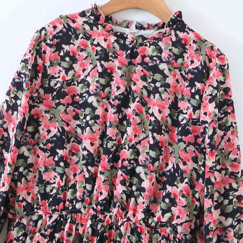 Sweet Women Water print chiffon dress Spring Fashion Ladies High Waist Country Style Female Floral crumpled Dress 210515