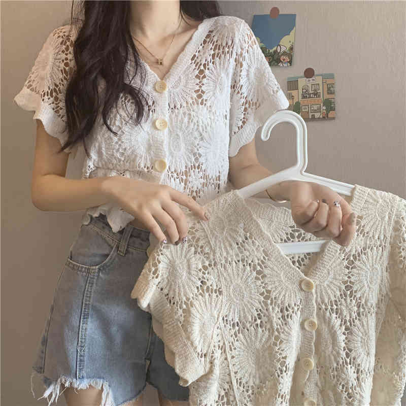 Korean vintage Casual Hook Flower Hollow Out Cardigan Elegant V-Neck Single Breasted Women's Summer Short Sleeve Chic Top 210519