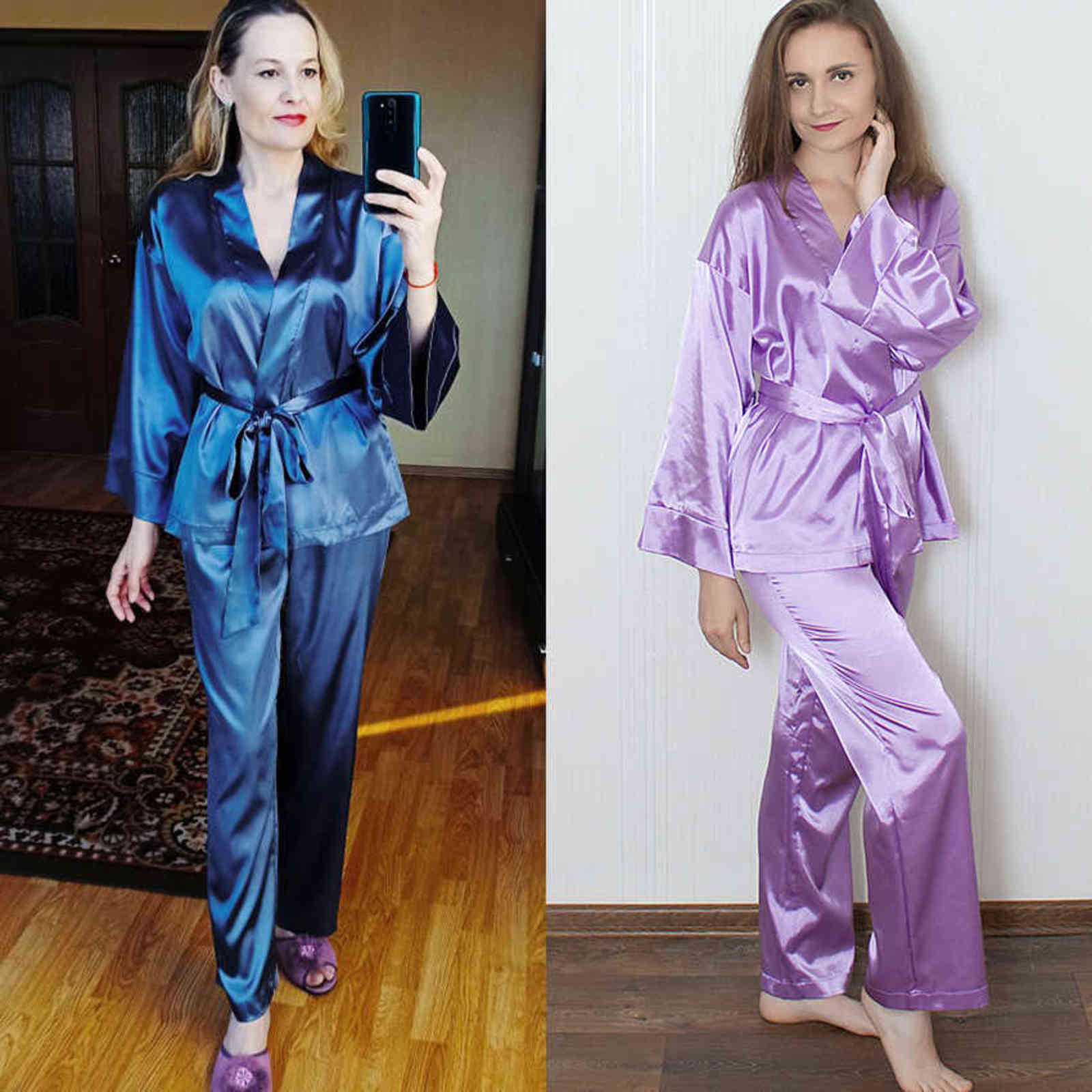 HECHAN Solid Women Robes With Sashes 2 Piece Set Wrist Sleep Tops Satin Pants Loose Pajamas Casual Sleepwear Female Home Suits 211118