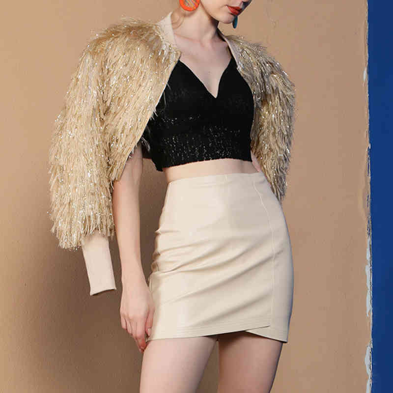 VGH Patchwork Tassel Streetwear Jacket For Women Stand Collar Long Sleeve Casual Short Coat Female Fashion New Clothing 210421