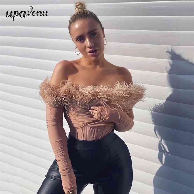 Free Fashion Bandage Bodysuit Feathers Strapless Off Shoulder Spring Long Sleeve Blush Women's 210524