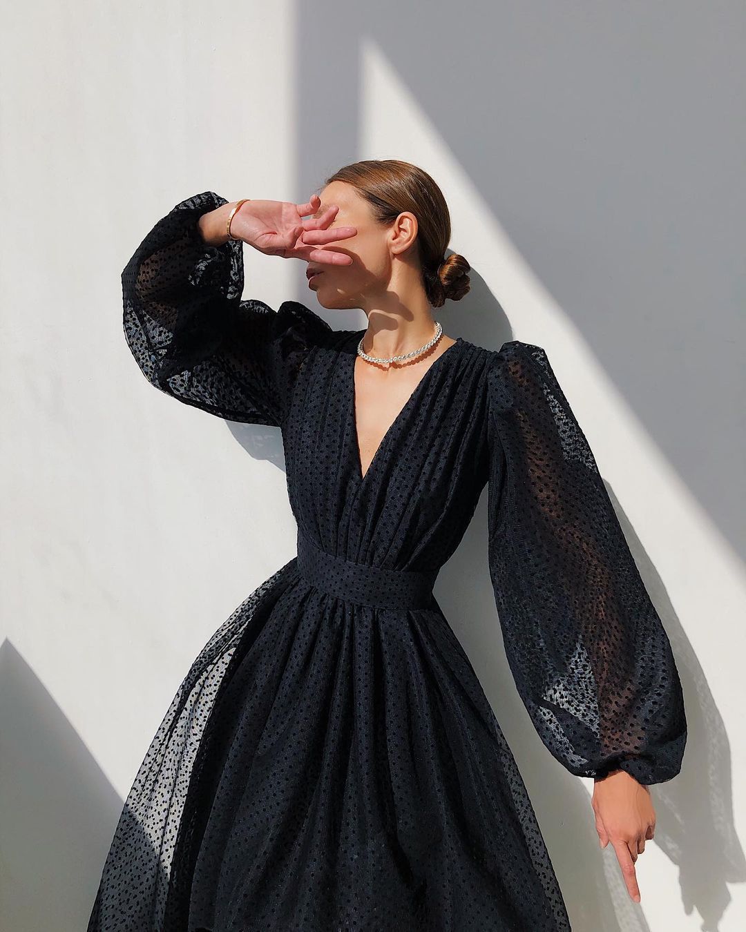 Women Dress Temperament Party es Deep V Neck Lantern Sleeve Dot Print Maxi High Waist Large Swing Long es 210524