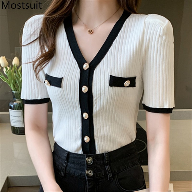 Color-blocked Vintage Elegant Knitted Cardigan Women Summer Short Sleeve V-neck Single Breasted Sweater Tops Slim Ladies Jumpers 210514