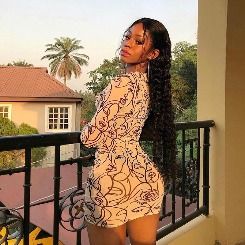 Print See-through Mesh Cloth Summmer Dress 2021 Slim Fit Bodycon Long Sleeve O-Neck Women Dresses Vestidos Mujer Casual